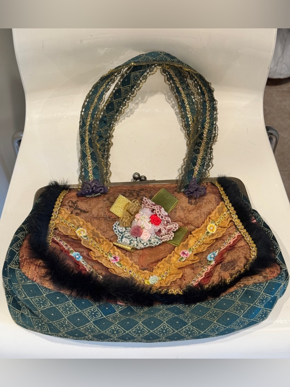 Vintage-Inspired Boho Green and Brown Embellished Women's Handbag Handcrafted